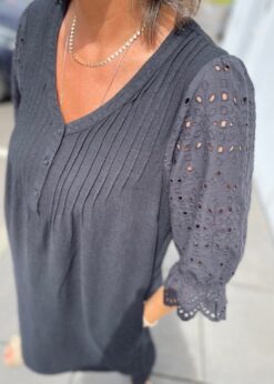 Sort Freequent Laluna Kjole Med Ærmer I Broderi Anglaise
