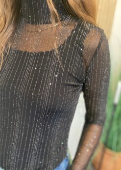 CC Heart Black Glitter Mesh Bluse